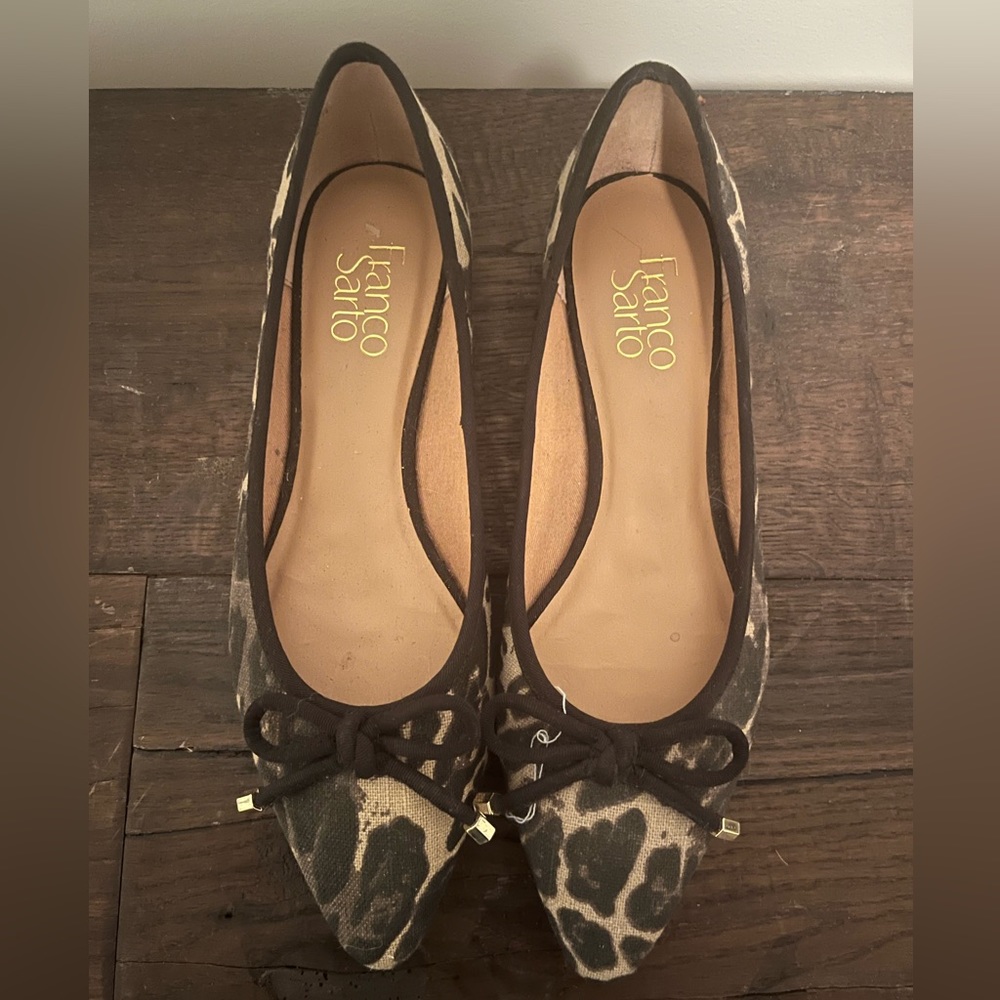 Franco Sarto Leopard Print Pointed Toe Flats in Brown and Black